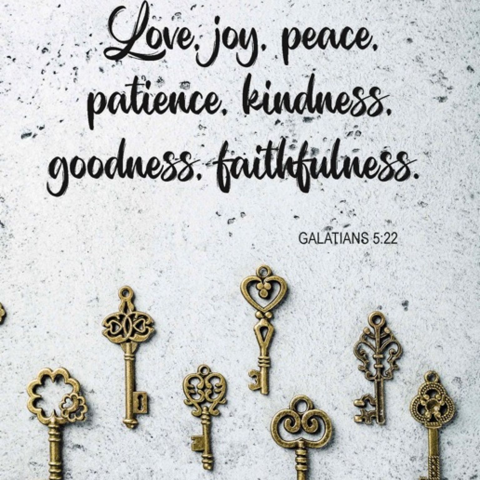 Kaart 'Love, joy, peace, patience, kindness, goodness, faithfulness'